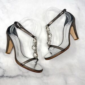 Giuseppe Zanotti Vicini Vintage Y2K Metallic Leather Block Heel Sandals Bling 39